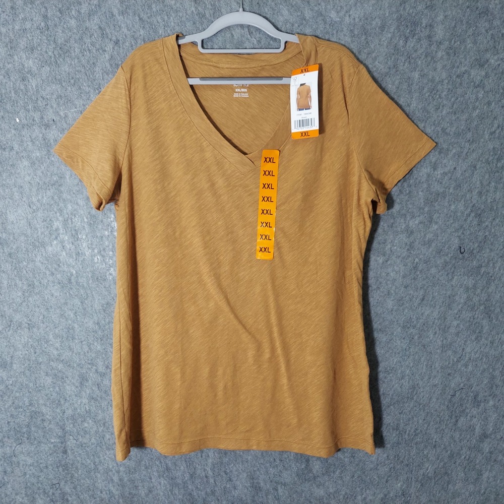 Felina Women Modal Cotton V Neck Shirt XXL Brown‎ Minimalist Slub Short Sleeve